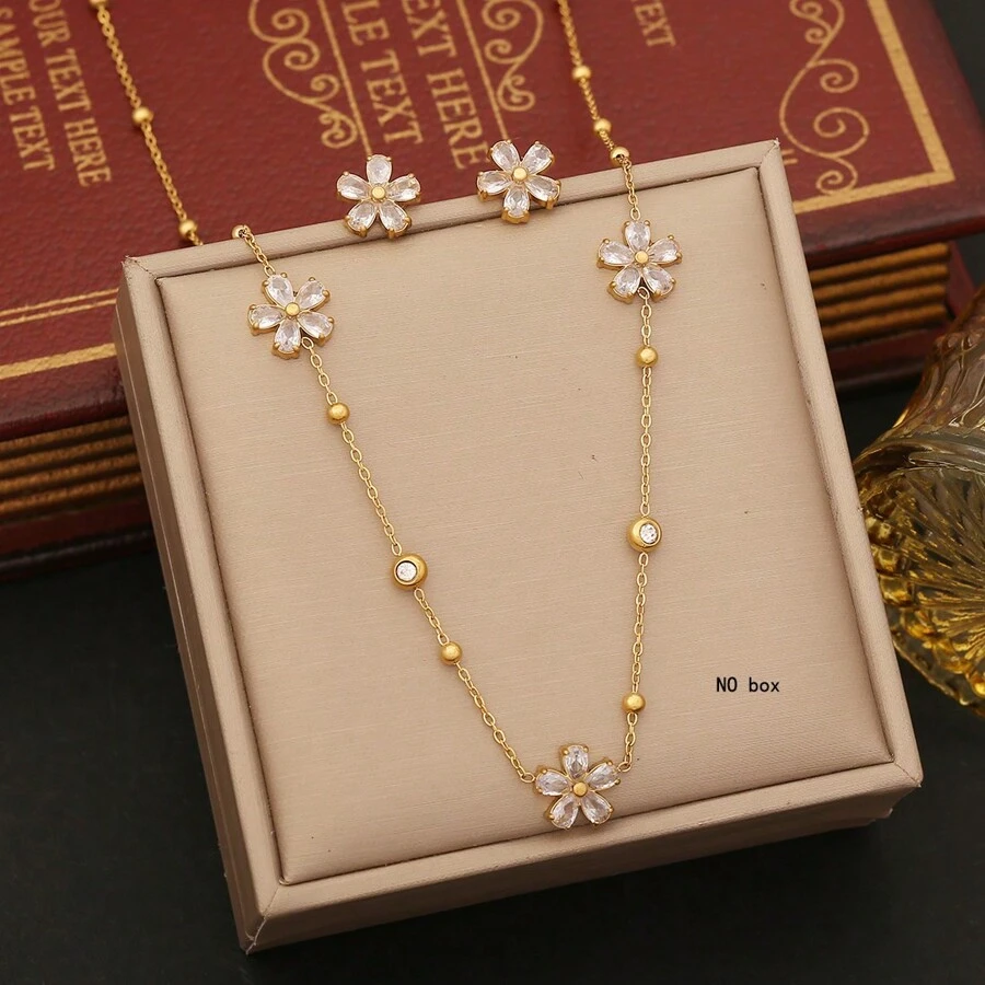 Freegrow 1set Stainless Steel Cubic Zirconia Flower Necklace Set, For Women Daily Wear Valentines