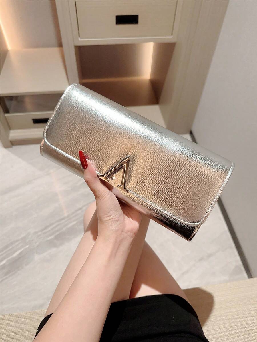 1pc Fashion Minimalist Leather Flap Clutch, Formal Dress Accessory Envelope Bag With Shiny Metal Edge Decor, Party Handbag With Chain Strap, Suitable For Ball, Gathering, Birthday Party