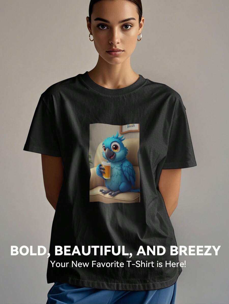Women's Print Short Sleeve T-Shirt, Black & White Shirt, 180gsm Shirt, Crew Neck Short Sleeve T-Shirt, Breathable & Comfortable Casual Sports Fitness Tee, Casual Vintage Style, Suitable For Summer, Beach Holiday Crew Neck Short Sleeve Casual T-Shirt, Summer Tee