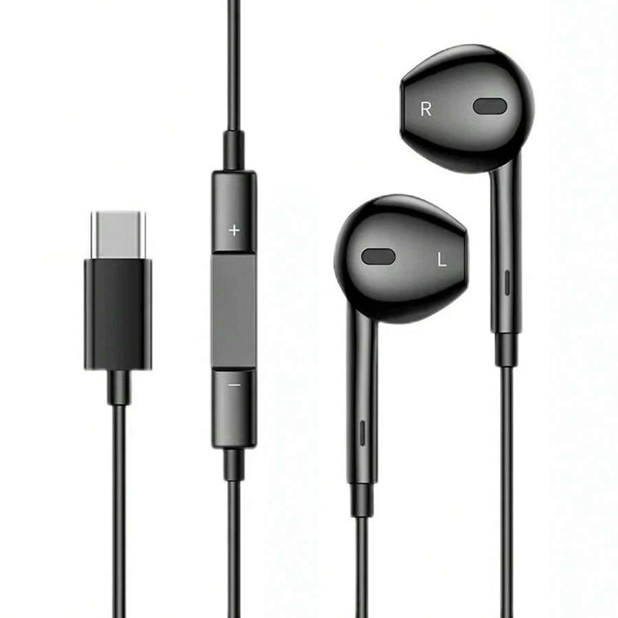 Czarne słuchawki douszne, słuchawki przewodowe USB C kompatybilne z 16/15, iPad Pro 13/12,9/11 cali, Air Mini, iPad 10, smartfon z Androidem Galaxy S24/S23/S22/S21/S20