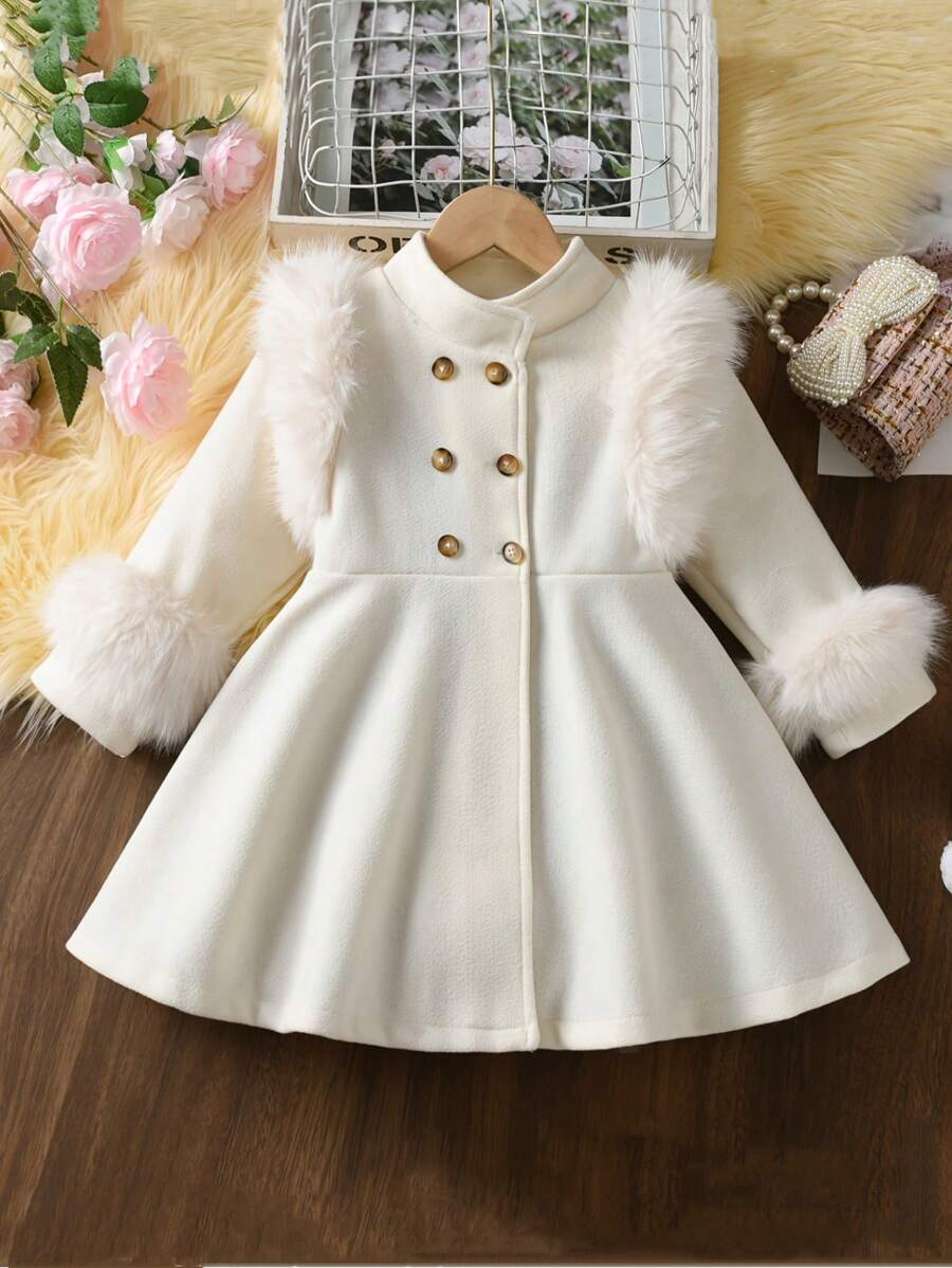 Young Girl Casual Solid Color Stand Collar Fashion Fur Patchwork Coat Dress, Autumn/Winter
