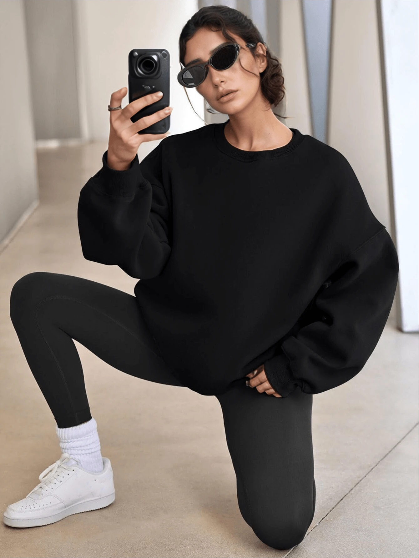 Damen Crew Neck Sweatshirts Lässig Locker Einfarbig Pullover Pullover Gemütlich Herbst Winter