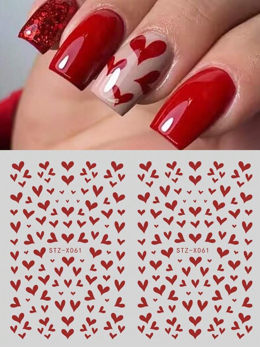 Valentijnsdag Nagels 2PCS Hart Nail Art Stickers, Valentijnsdag Nagel Decals 3D Zelfklevende Nail Art Benodigdheden Rood Hart Konijn Nagelontwerpen Sticker Voor Vrouwen Meisjes DIY Valentijns Manicure Decoraties