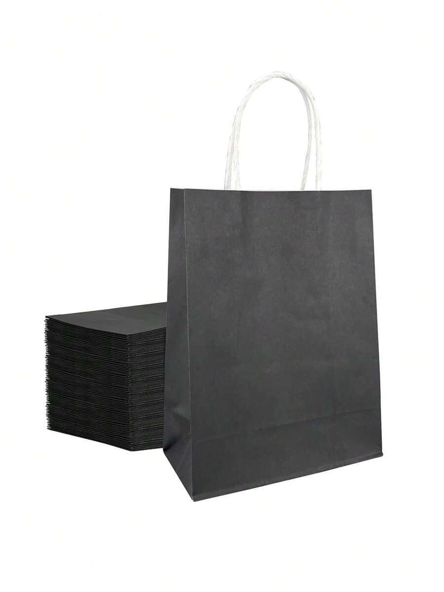 6.29*3.15*8.5in, 12pcs/Pack Solid Black Gift Paper Bags Packaging Bags Shopping Bags Storage Bags Kraft Paper Handle Bags Gift Bags,Christmas