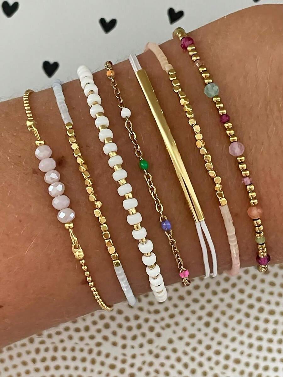 7 pièces/Paquet Bracelet de perles CCB, style de plage coloré et à la mode personnalisé avec chaîne à gouttes d'huile. Bijoux CCB pour femmes (perles CCB mélangées et aléatoires)