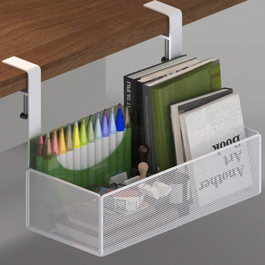 Under Desk Storage Organizer Clamp-On,Mesh Metal 3-IN-1 Desk Side Storage- Use On Desk,Under Desk Or As A Hanging Wall Organizer For Office Supplies & Home Essentials