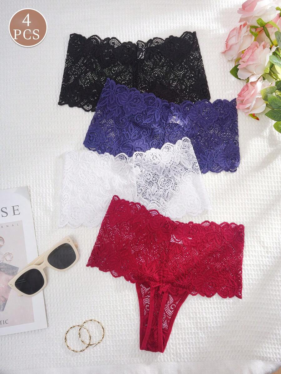 4 paquetes Bragas tipo tanga sexy de encaje de cintura alta para mujer