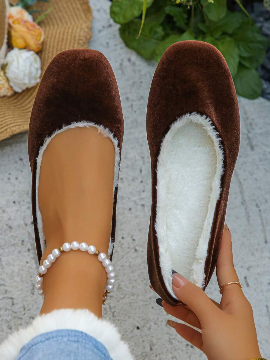 Women's Comfortable & Warm Brown Flat Ballet Flats, Elegant Style For Autumn/Winter Everyday Wear