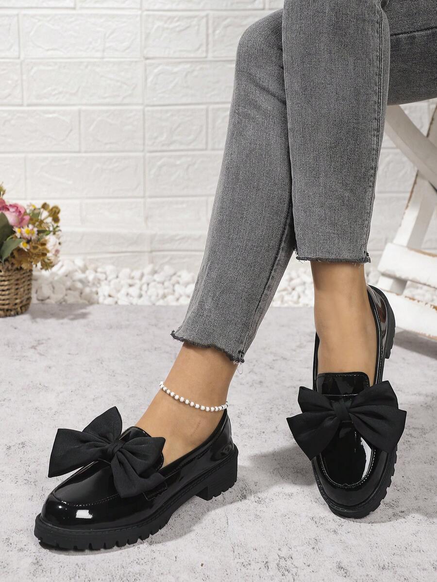 Elegant British Style Women Flats, Fashion Bowknot Decor Loafers, School Style Leather Shoes, Versatile Office Lady Formal Shoes, Comfortable Casual Platform Slip-On, Glossy Black Spring/Autumn Flat Shoes For Work, Shopping, Students