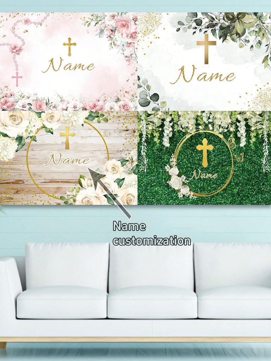 1 pieza Decoración personalizable de corona de flores con hojas verdes, telón de fondo personalizado con nombre para fiesta de cumpleaños, decoración colgante de bautizo, primera comunión y bautizo con cáliz y brillo dorado para estudio fotográfico
