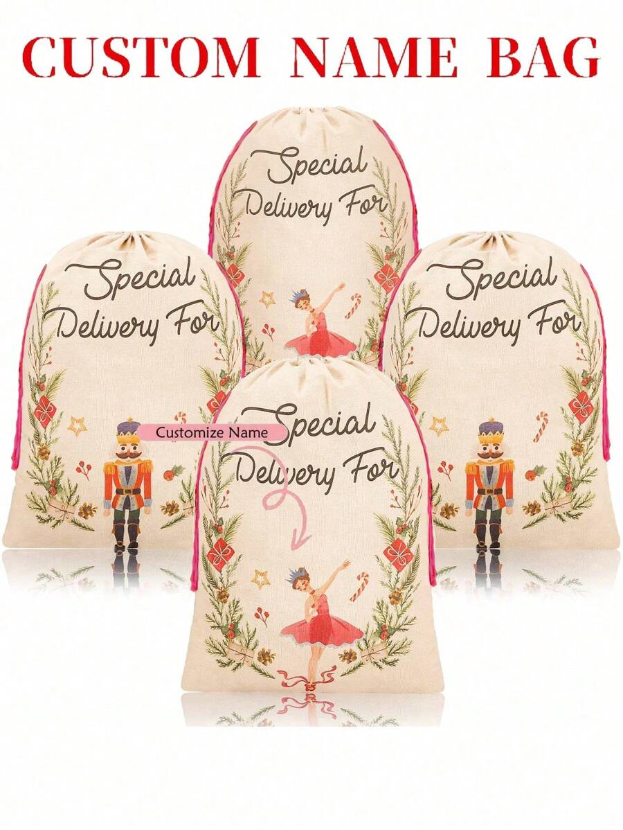 1 set de sacs à cordon pour casse-noix imprimés et danseurs de ballet (contient quatre sacs), sacs cadeaux de Noël, pochette cadeau de Noël personnalisée