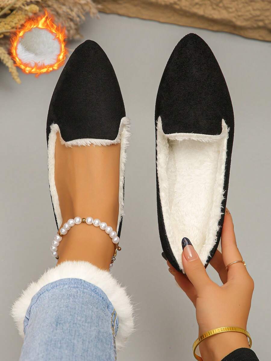 Plus Size Women's Fashionable Black Pointed Toe Fuzzy Lining Flat Shoes, Suitable For Daily Wear, Work, Driving, Warm And Comfortable Slip-On Loafers