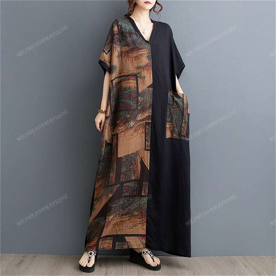 Tops, 2025 Summer New V-Neck Loose Short Sleeve Color Matching Dress, Women's Plus-Size Casual Holiday Everyday Dress