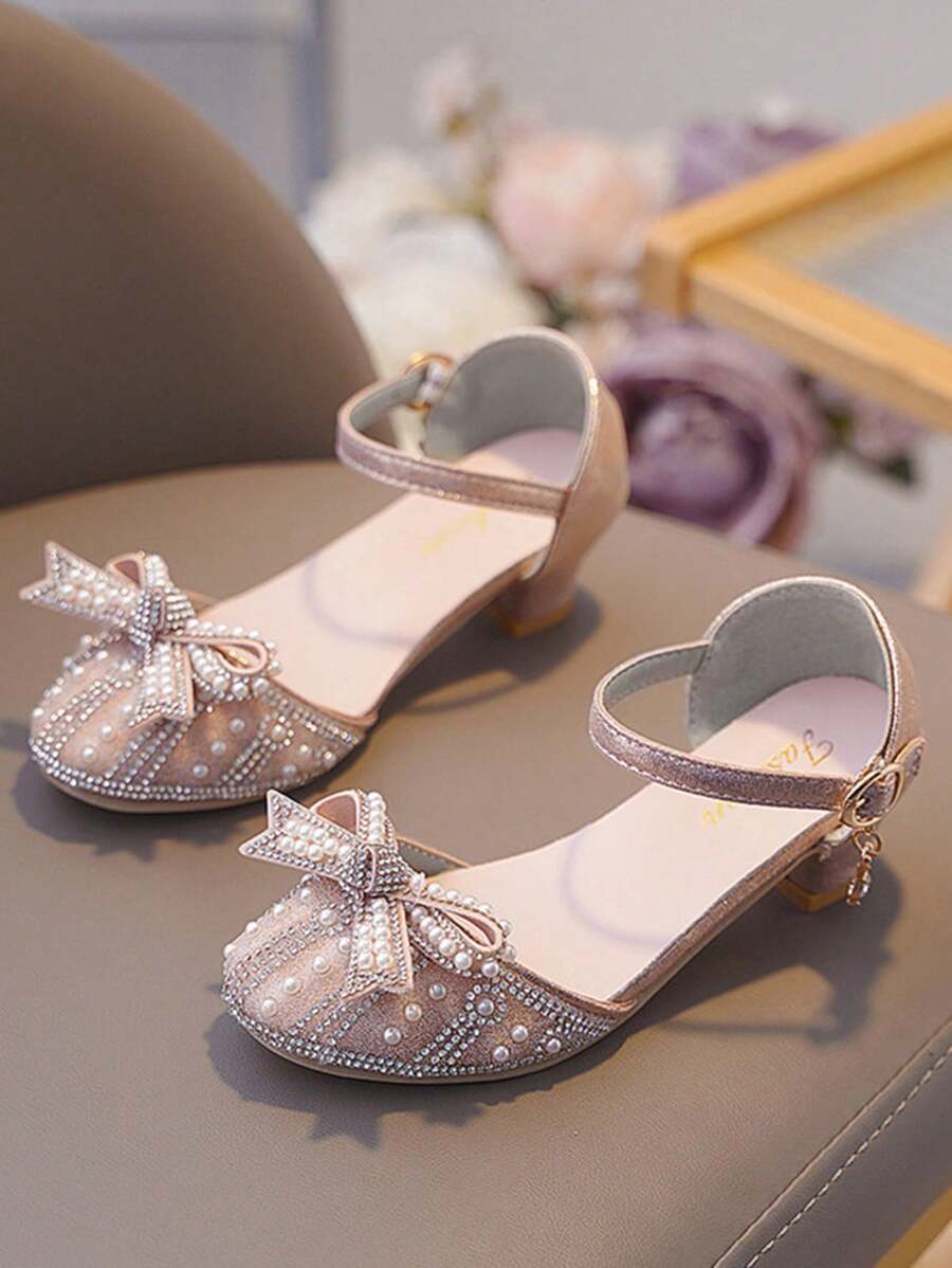 Girls' Formal High Heel Dress Shoes, Children's Glitter Princess Shoes, Closed-Toe High Heels, Rhinestone Pearl Bow Mary Jane Sandals With Ankle Strap, Adjustable Buckle, Breathable Cushioning, Suitable For Little Big Kids, Party, School Performance, Wedding, Bridesmaid, Casual Wear, All Season