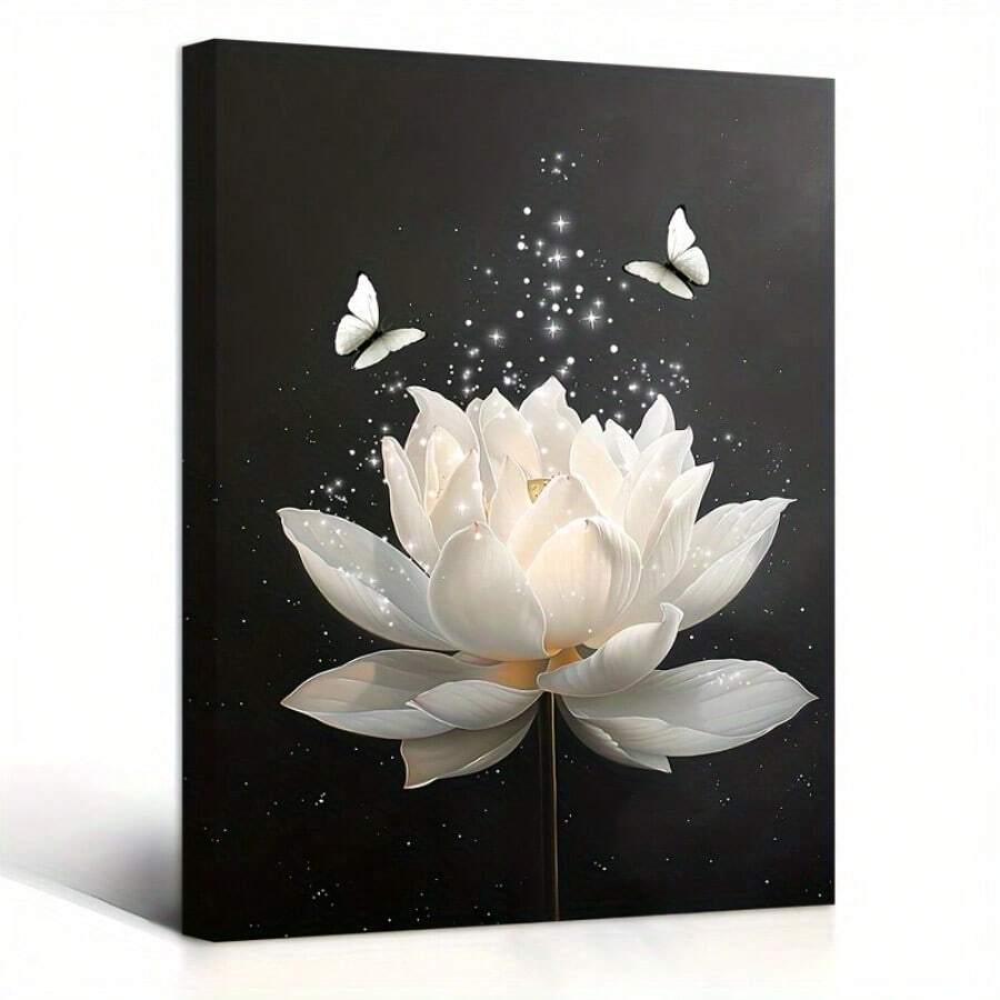 Wooden Framed Canvas Painting, White Floral Wall Art For Bathroom Flower And Butterfly On Black Canvas Wall Art Modern Framed Wall Art Yoga Spa Spiritual Wall Art Painting