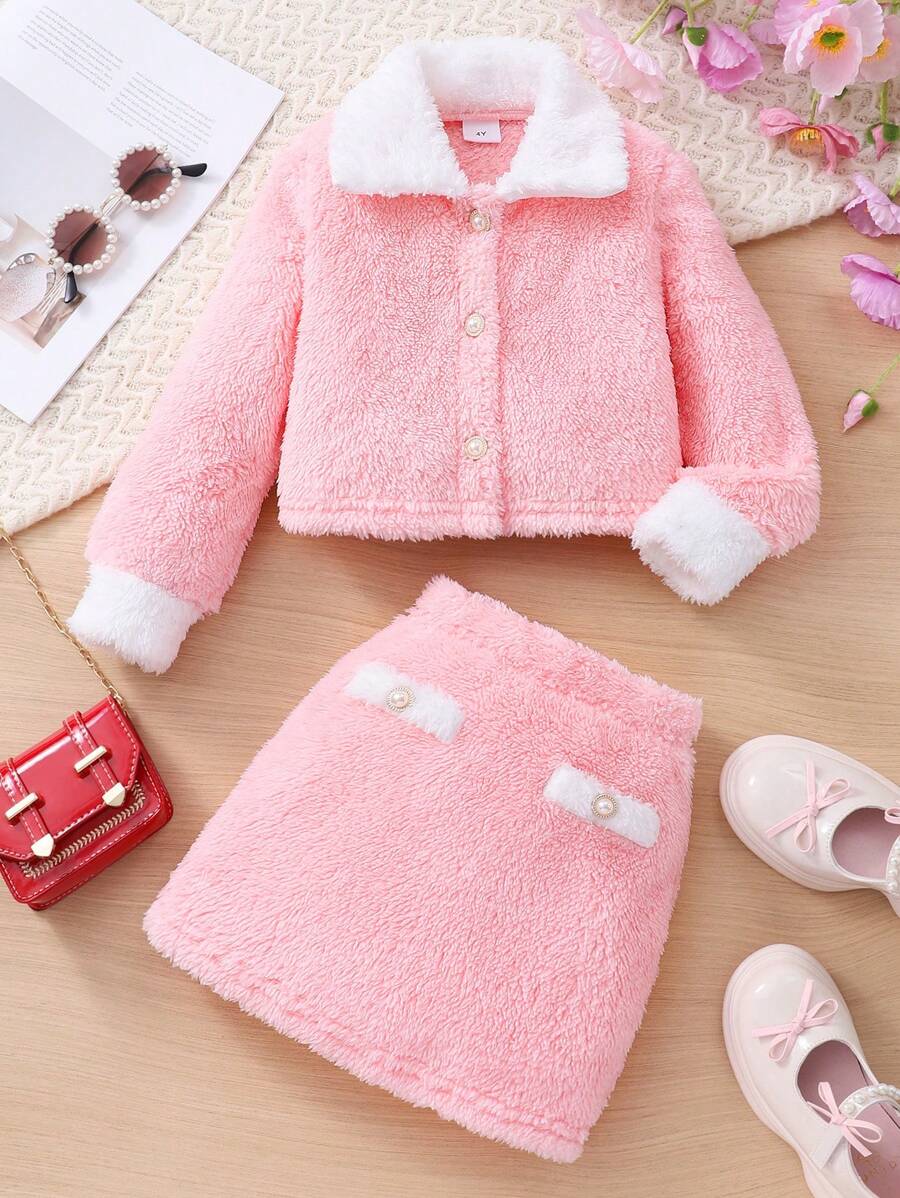 2pcs Young Girls Casual Elegant Fluffy Jacket & Skirt Suit Set, Autumn/Winter