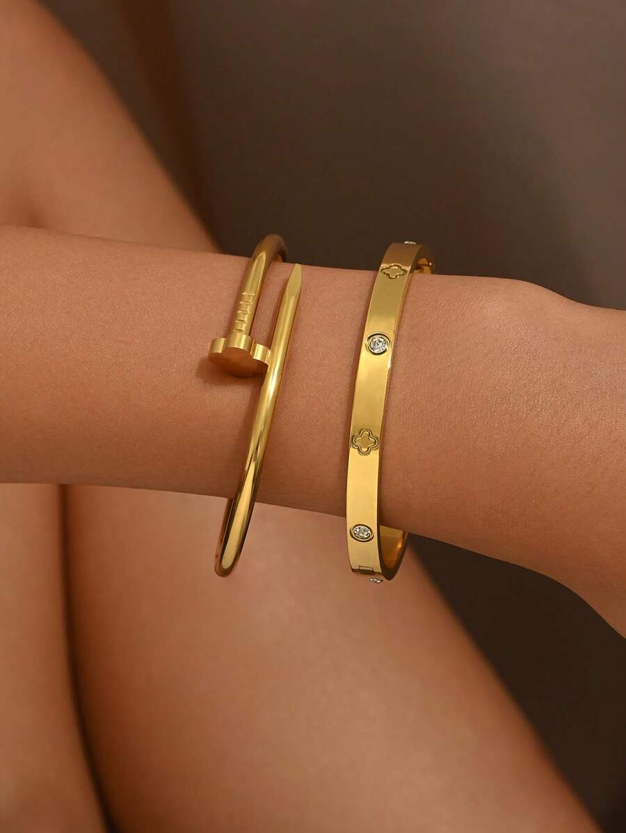 1 Stück/2 Stück Set mit goldenem Armband, mit einem modischen und luxuriösen diamantbesetzten Armband und einem stilsicheren und eleganten Nagelarmreifen aus Titanstahl, spiegelpoliert, vakuumbeschichtet, nicht leicht verblassend, modischer Klassiker-Stil, geeignet für den täglichen Gebrauch