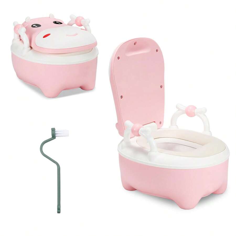 Sonnewelt Rosa/Blaues Kinder-Töpfchen mit Cartoon-Deckel – Toilettentrainer mit Griffen, weichem PU-Sitzkissen, Spritzschutz und hygienischer Schubladenfunktion – Inklusive Reinigungsbürste
