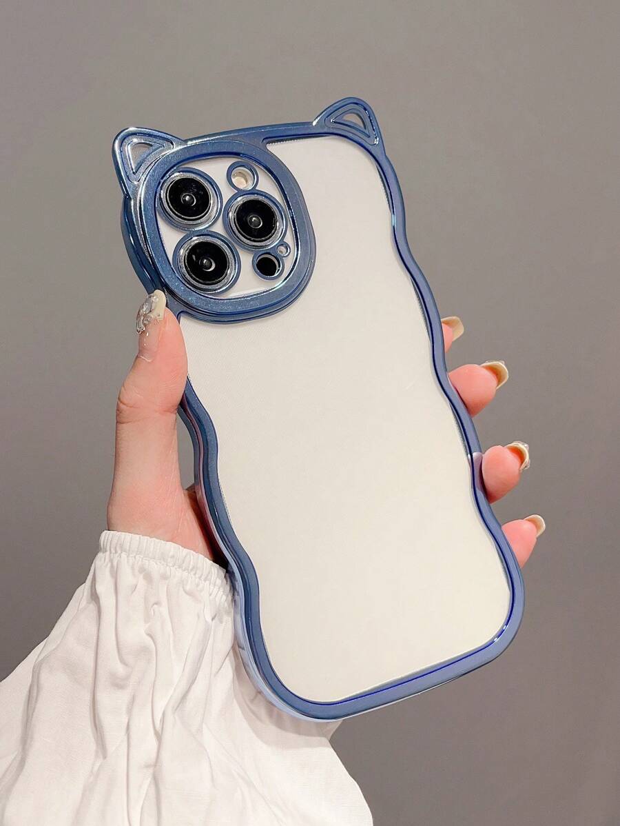 1 Stück modisches, verstärktes Anti-Sturz TPU-Handyhülle mit blauer Beschichtung und Katzenohren-Wellenranddesign, kompatibel mit iPhone