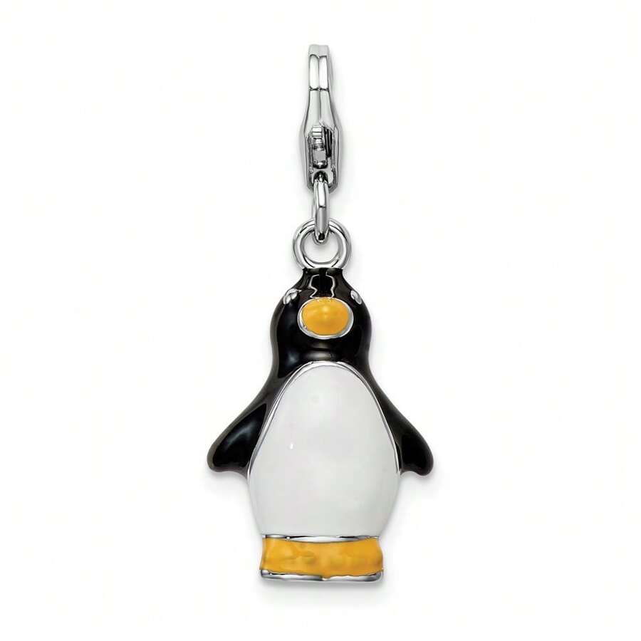 Diamond2Deal 925 Sterling Silver Rhodium-Plated Polished 3-D Enameled Penguin Charm Pendant With Fancy Lobster Clasp