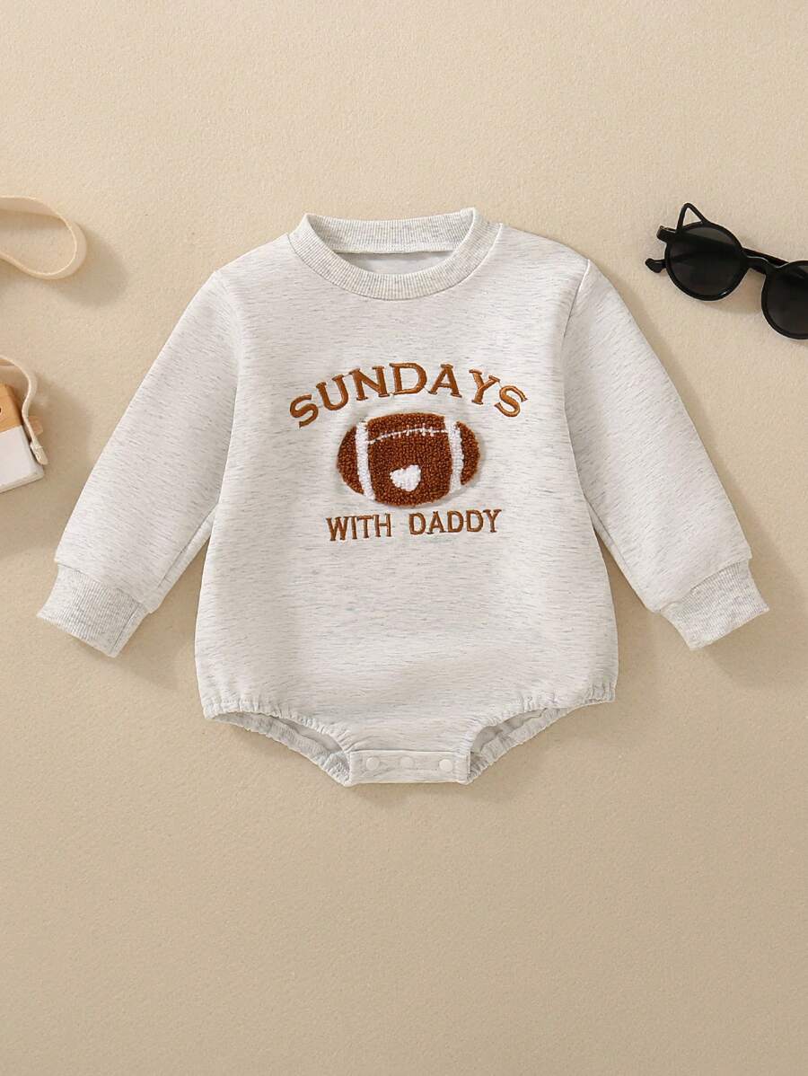 Baby Boy Baby Football Heart Embroidery Grey Bodysuit, Sports Casual Essential Outfit