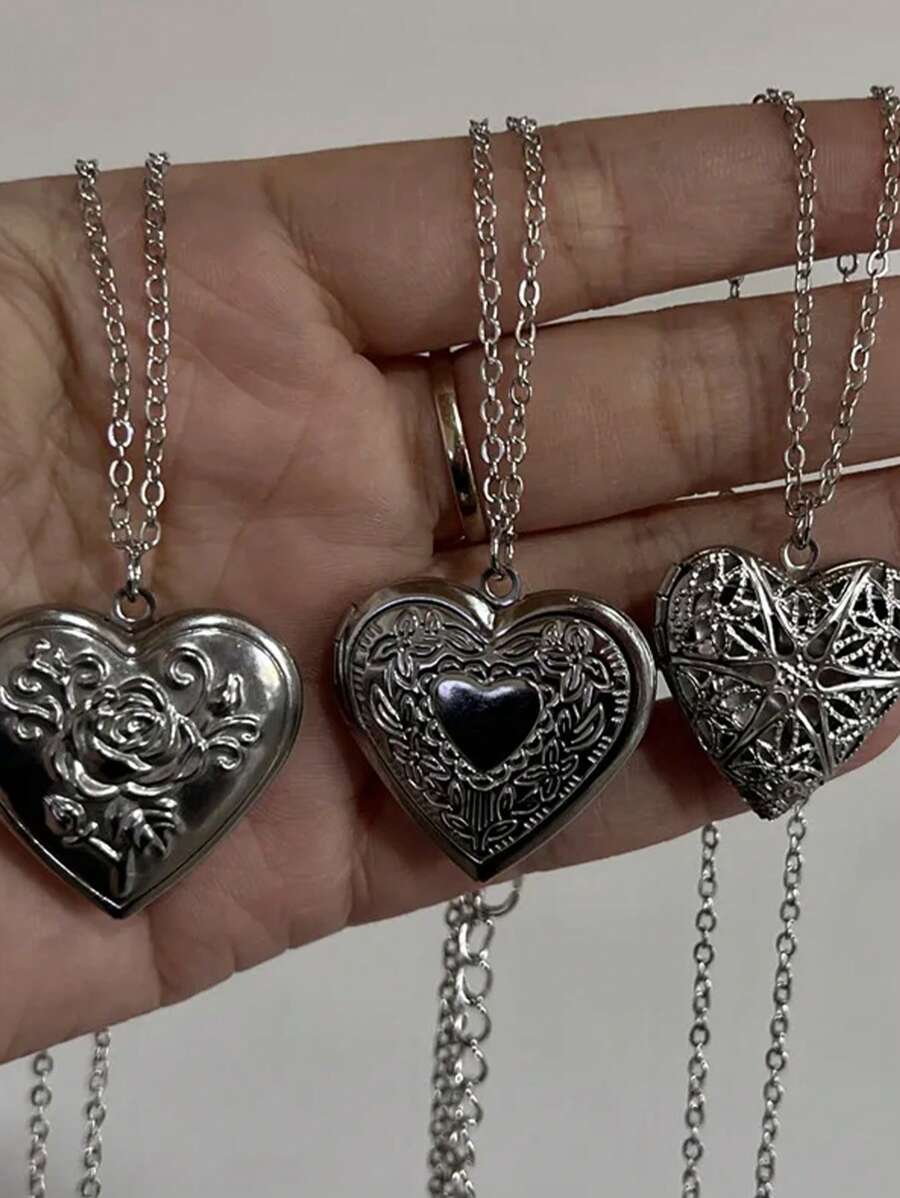Colgante con forma de corazón romántico, abierto, de color plata, joyería futurista, marco de fotos con dije collar para mujeres y hombres, regalo para San Valentín, mamá, madre, Día de la Madre