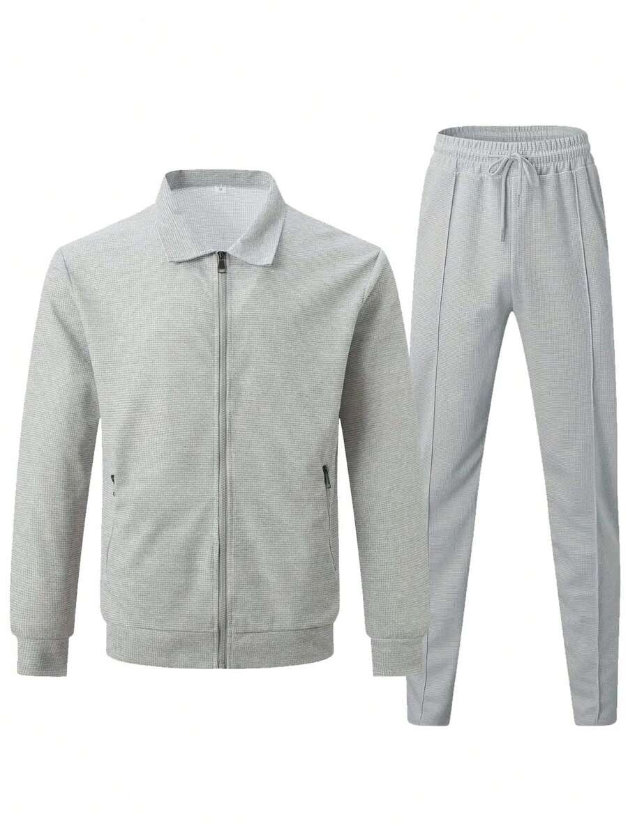 2pcs/Set Men's Fashion Waffle Zip-Up Jacket & Drawstring Waist Sports Pants Tracksuit