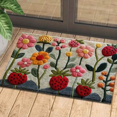 1pc Strawberry & Floral 3D Pattern Bath Mat - Super Soft Faux Sherpa, Absorbent & Water Resistant, For Bedroom, Bathroom, Kitchen And Entryway - Machine Washable Home Decor