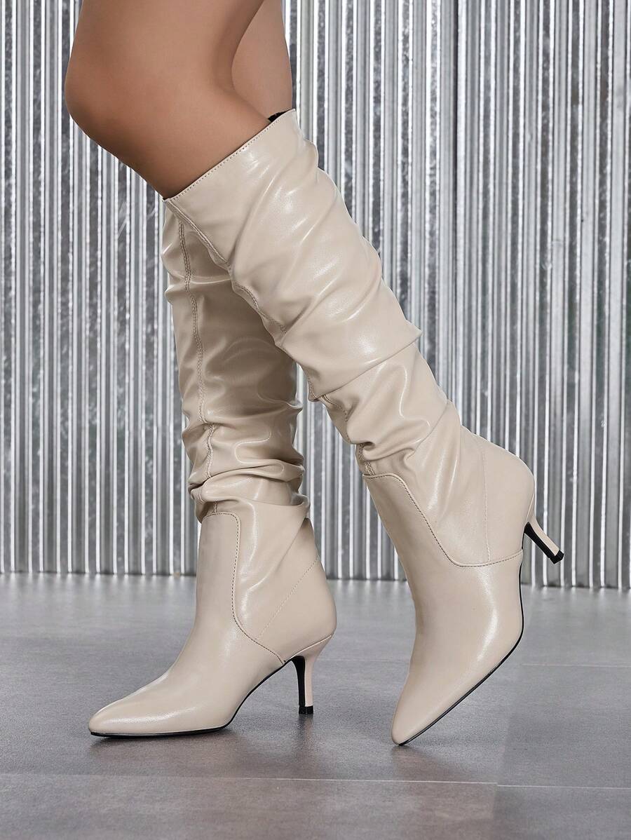 2025 New Fashion Comfortable Versatile Solid Color Pleated Slip-On High Heel Long Boots For Women, Suitable For Any Occasions