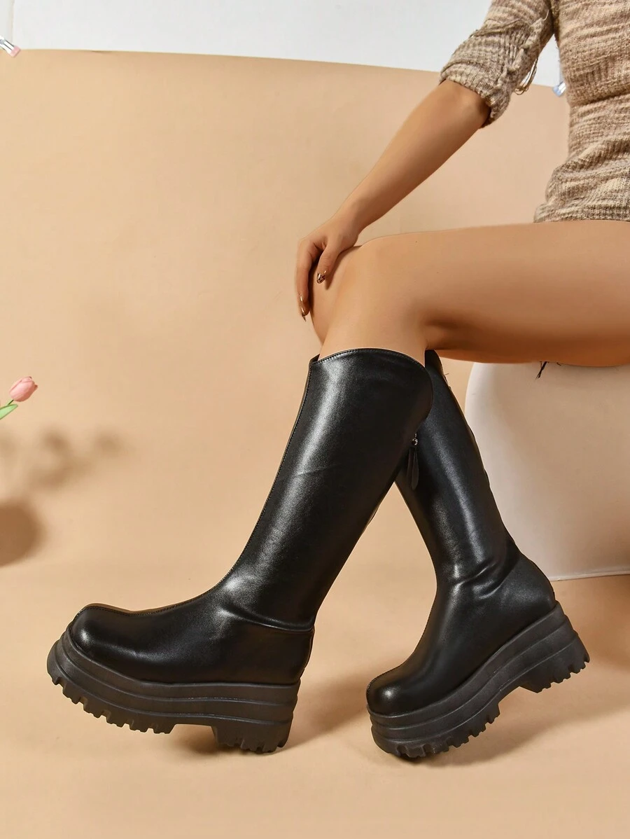 New Plus Size Back Zipper Over-The-Knee Boots For Women, Tall Shaft Knight Boots With Thick Platform Chunky Sole