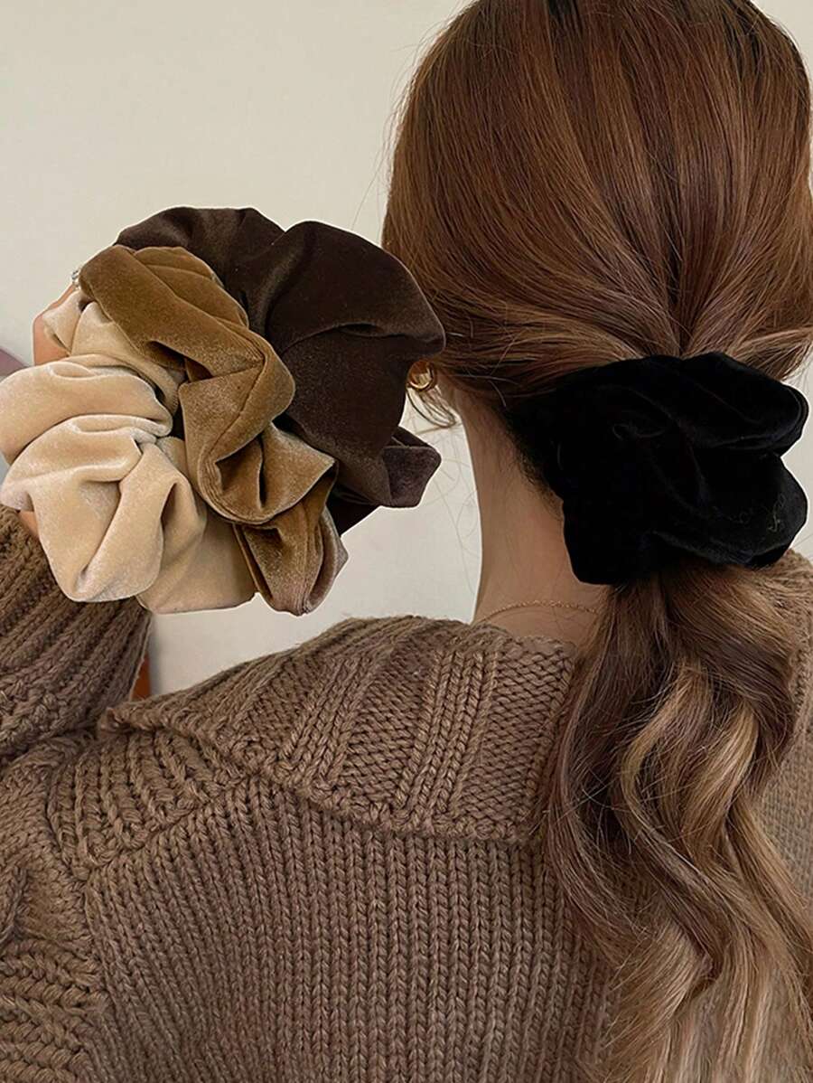 4pcs Women Velvet Hair Scrunchies In Black, Beige, Brown, Stylish & Versatile, Simple Elegant Design, Suitable For Daily Wear, Casual, Party, Work, Travel, Hairdo, Ponytail, Bun