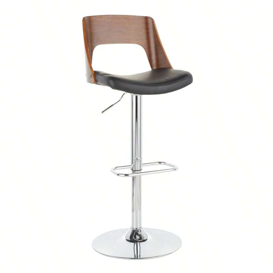Valencia Mid-Century Modern Adjustable Barstool With Swivel In Walnut And Black Faux Leather By LumiSource