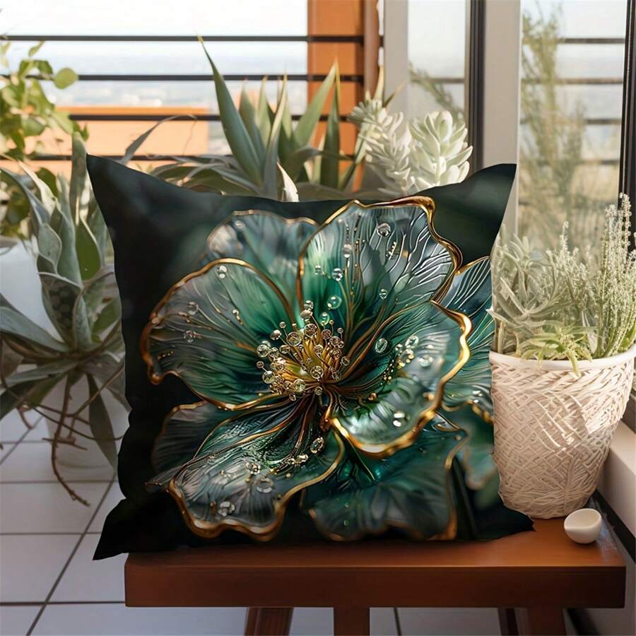 1 Stück Kissenbezug im Vintage Stil mit Glücksklee, 45x45cm, Design mit goldenem Blatt und Vierblättrigem Klee, Polyester, maschinenwaschbar, mit Reißverschluss, gewobener Polyester Dekorationskissenbezug für Zuhause und Büro