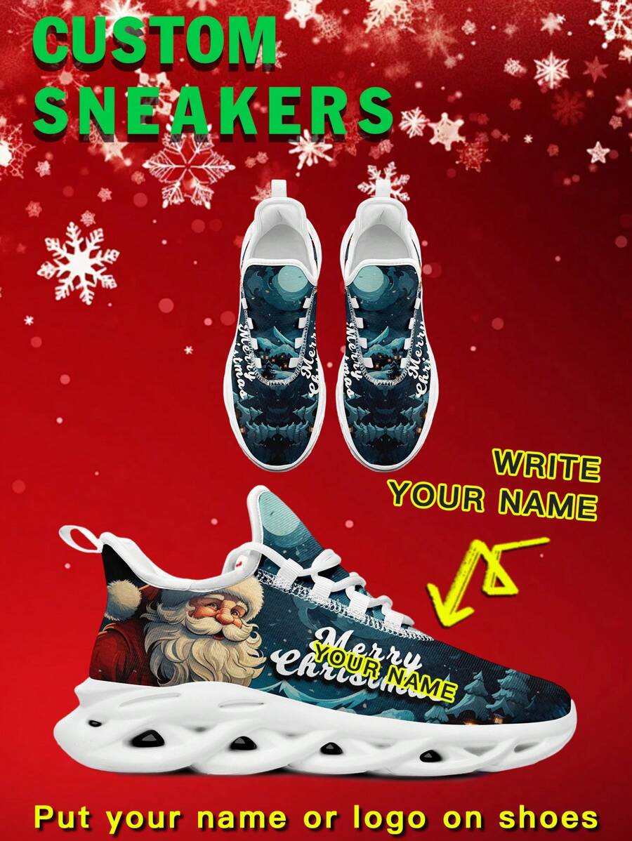 Men's Christmas Custom Logo Custom Name Sneakers, Santa Claus Designed Name Customization Lightweight Comfortable Soft Bottom Sneakers For Men, Gym Training Breathable Tennis Shoes Christmas Gift For Mom/Dad/Her/Him/Girlfriend/Boyfriend/Wife/Husband/Friend 