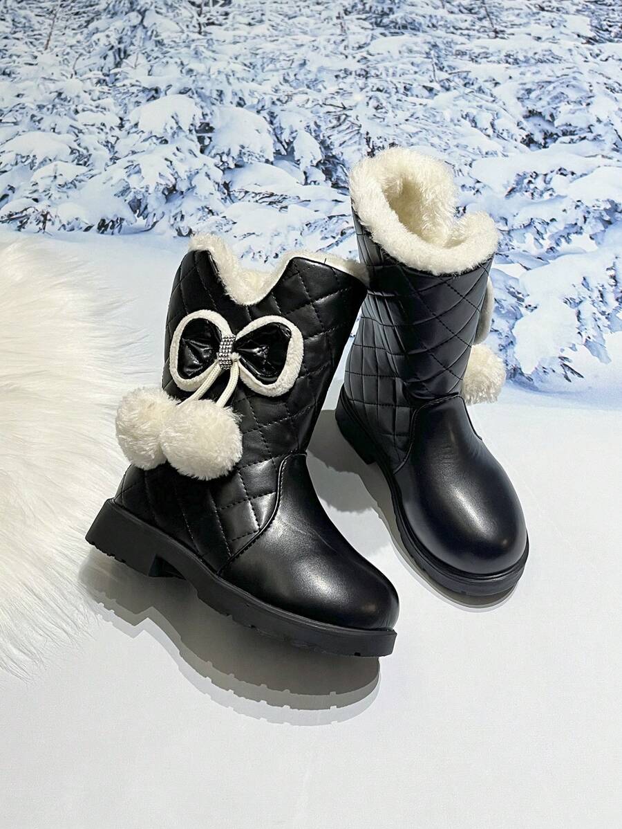Stivali da neve invernali per bambine, stile principessa con tubo alto, fiocco e pompon, polpaccio medio, caldi e spessi, adatti per esterni, per bambini grandi e piccoli