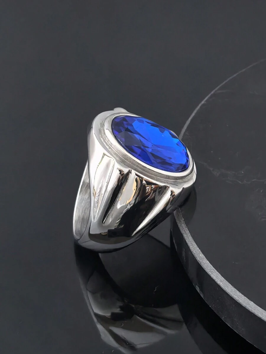 Anillo de alta calidad enchapado en oro de 18 quilates de acero inoxidable 316 con cristal azul de zafiro sintético, para hombres y mujeres