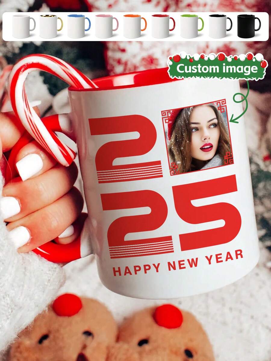 1 Piece, Happy New Year 2025, Personalized Coffee Mug, 11oz Mug With Customizable Picture, Birthday Gift, Holiday Gift, Memorial Gift, Celebrate Happy New Year