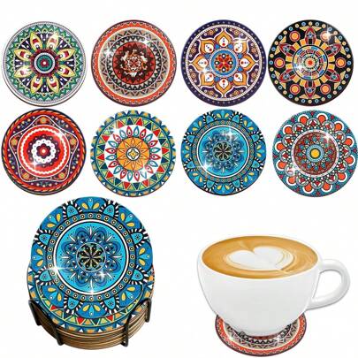 8pcs Fashionable Wooden Coaster Set - Art Design, Heat Resistant Non-Slip Drink Mats, Suitable For Home And Office Decor, Applicable To Party And Holidays