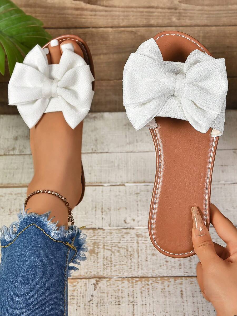 1 Pair Black Flat Slide Sandals With Bow Decor, Round Toe Open Toe Non-Slip Bottom, Stylish & Comfortable Roman Slippers, Suitable For Indoor Casual Gatherings
