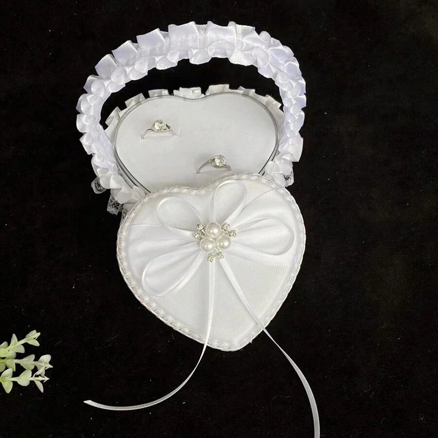 Caja con forma de cesta floral romántica en forma de corazón hecha a mano, cesta de mano con flores blancas para niña de las flores, caja para almacenar anillos de boda, decoración de boda (anillos no incluidos), regalo para el Día de San Valentín, Navidad, Día de la Madre