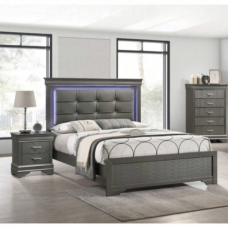 Mesa de noche de transición moderna de madera gris con 2 cajones, mueble de dormitorio, Klgeivb