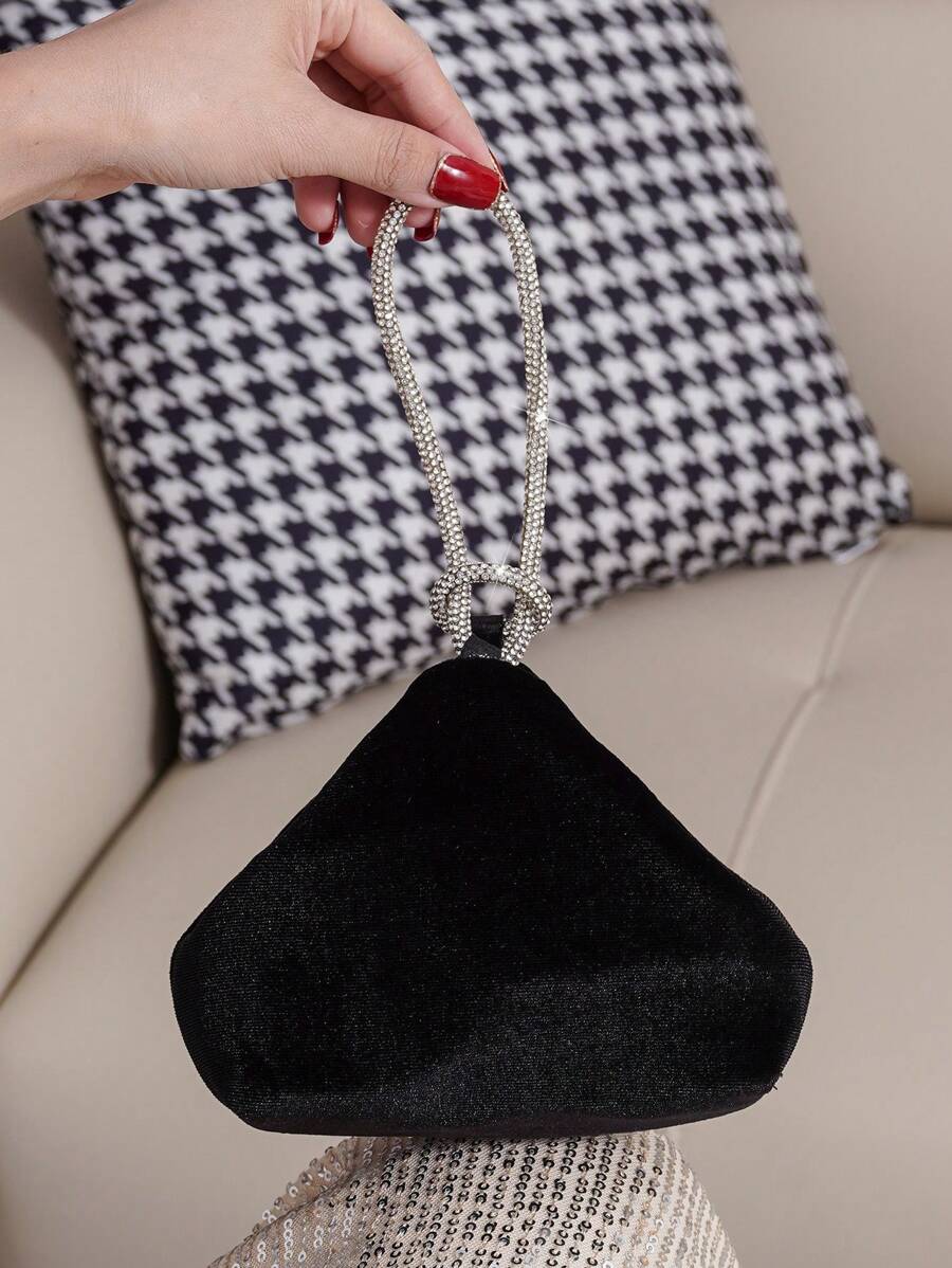 Bolsa de Mão Pequena para a Noite, Veludo Preto, Tachas, Clutch, Forma Assimétrica, Porta-moedas de Batom, Bolsa Pequena da Moda