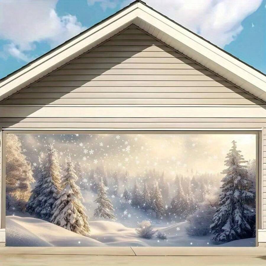 Kerst Winter Wonderland Garage Banner - 157,4 inch x 70,8 inch Polyester Deurdecoratie Met Dennen- & Sneeuwvlokontwerp Voor Feestelijke Thuis- En Tuinvertoning