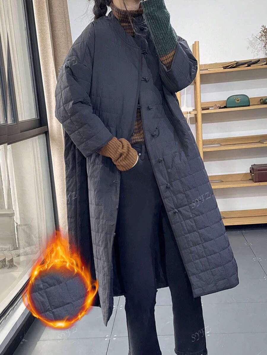 Women's Casual Warm Solid Color Long Plaid Cotton Padded Coat For Autumn/Winter