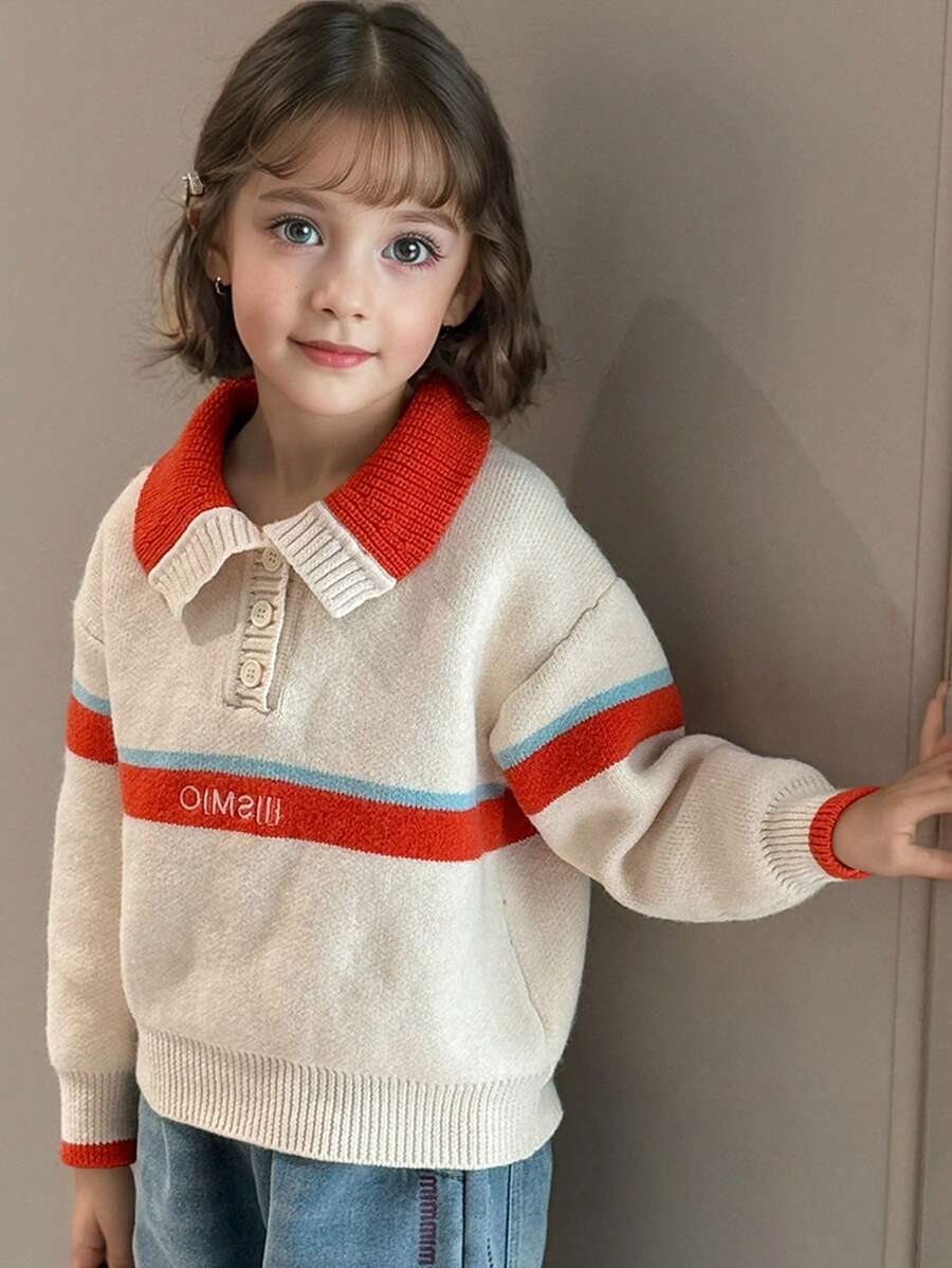 Tween Girl Solid Color Patchwork Button-Front Long Sleeve Minimalist Blouse