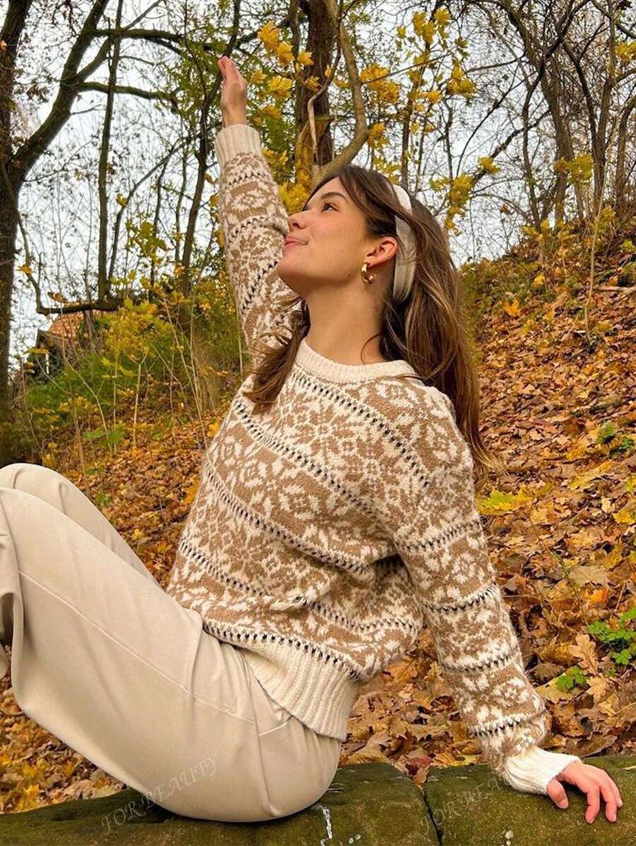 Women's New Fall And Winter Round Neck Retro Fair Isle Print Long-Sleeved Knit Sweater Loose College Style Young Fashion Simple Ribbed Sweater