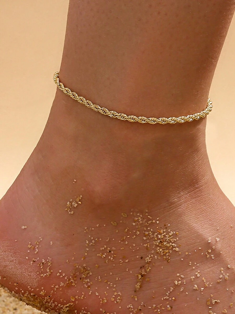 Nooxian 1pc Women Stainless Steel Gold Braided Chain Anklet, Versatile Layered Accessory