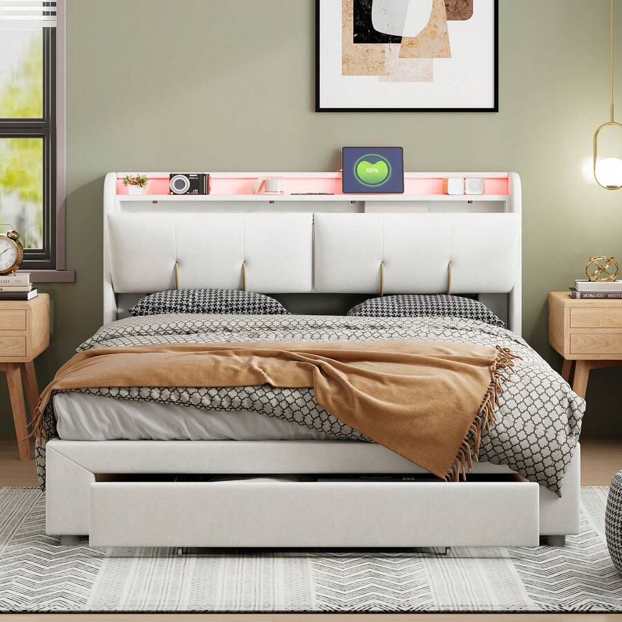 Creahappy CREAHAPPY Lit rembourré avec 2 fonctions de chargement USB et AC-tête de lit avec rangements-télécommande-éclairage LED et tiroirs-lit double en bois avec sommier à lattes-140*200 cm