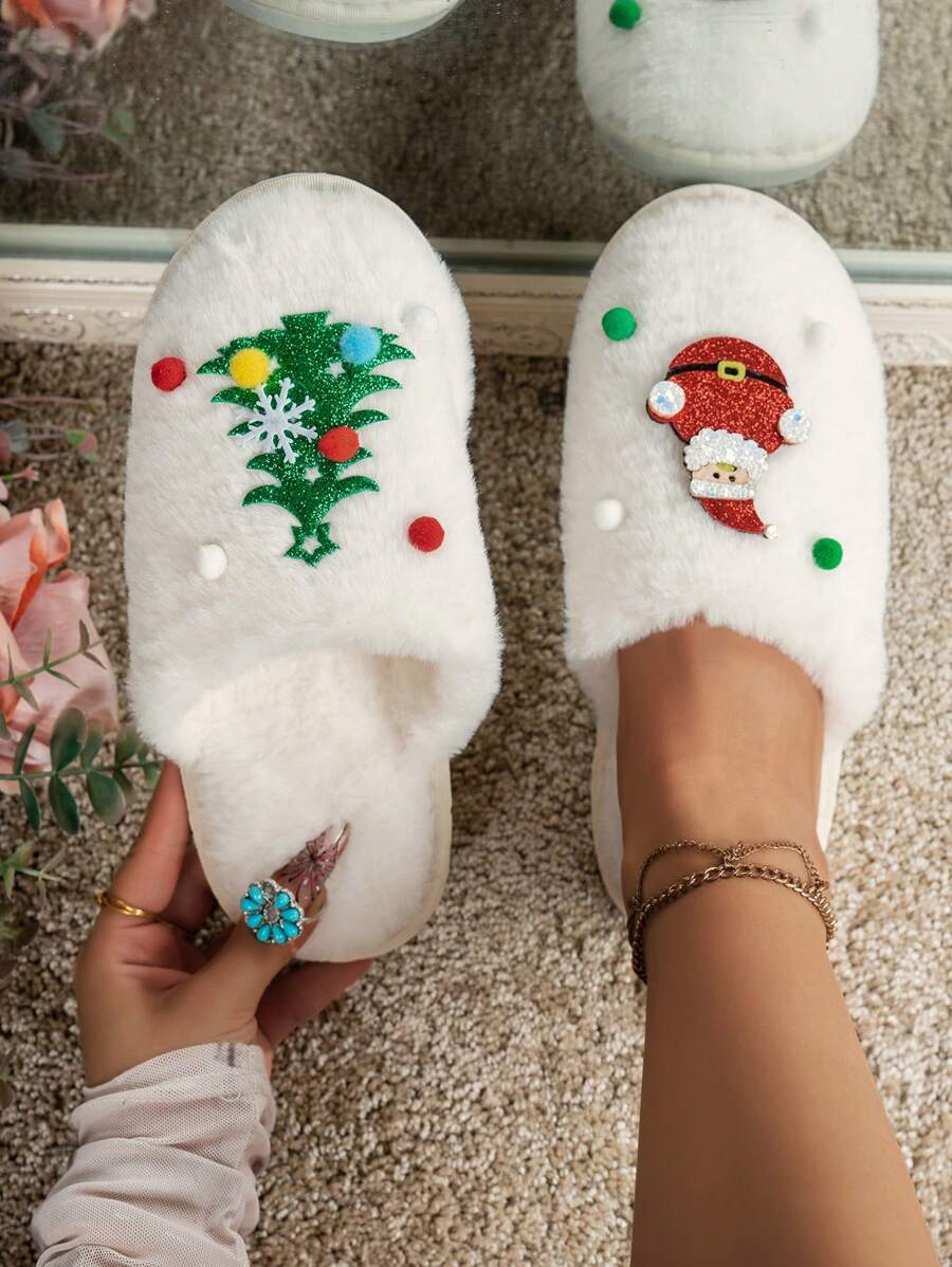 Femmes Chaussons Plates Antidérapantes Résistantes à l'Usure Couleur Unie Arbre de Noël Mignon Coloré Pompon blocs de couleurs Décoratif Style Mignon Doux Mode Polyvalente Fourrure Pantoufles, Convient pour le Port Quotidien, les Tenues de Mode, les Fêtes, les Rassemblements à la Maison, la Maison, le Bureau