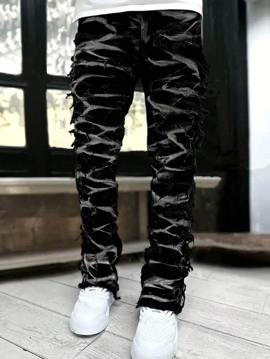Teen Boy Fashion Fringe Spray Painted Denim Jeans